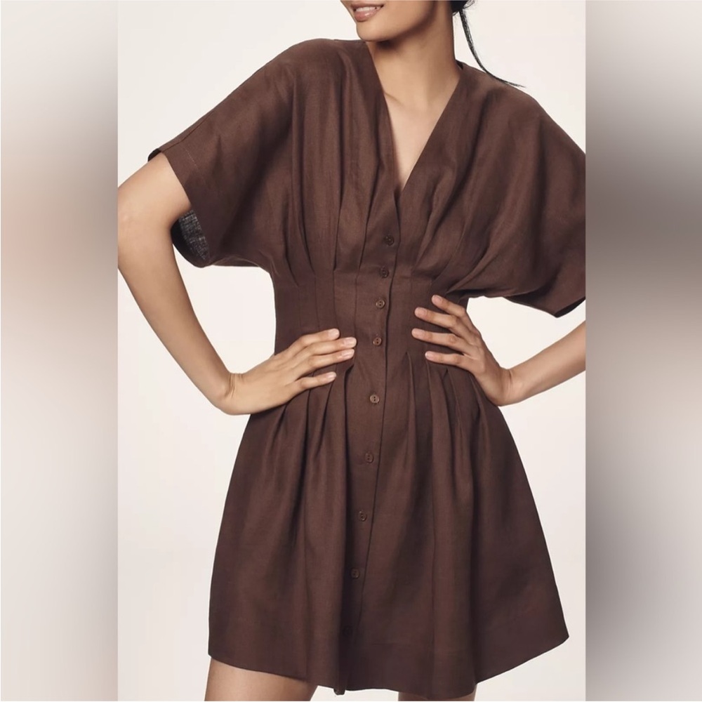 Anthropologie The Tobie Linen Pleated Mini Shirt Dress by Exquise